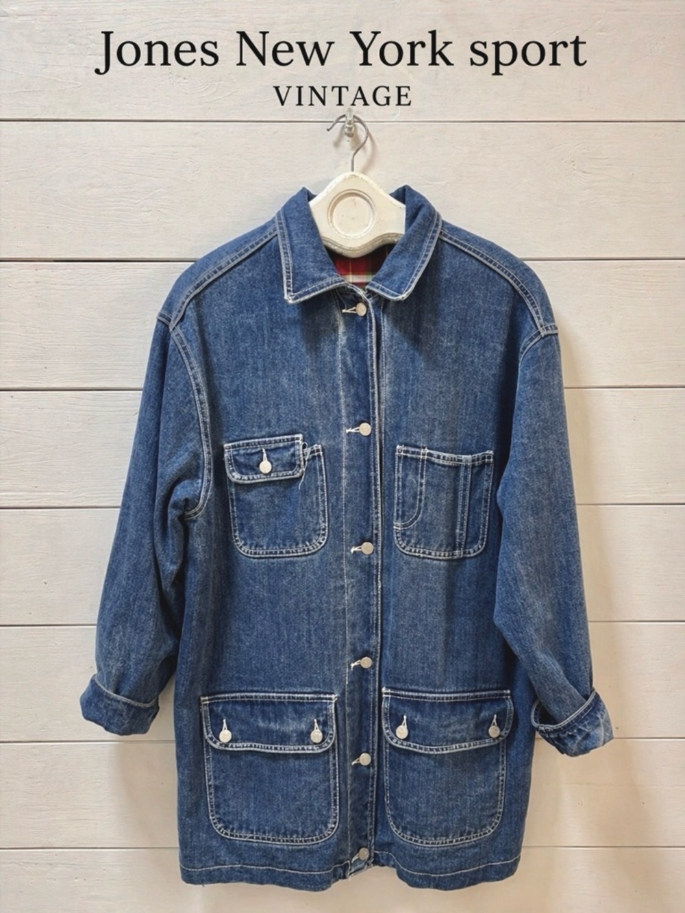 JONES NEW YORK SPORT Blue Denim Jacket Plaid Lining Size M